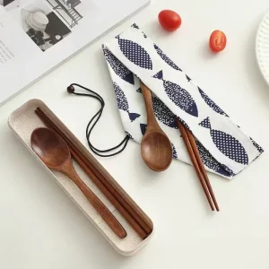 Wooden Chopsticks Spoon Cutlery Set 3 Piece Set Outdoor Kids Student Portable Solid Wooden Spoon Chopsticks Storage Bag