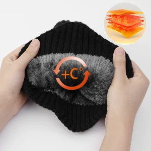 Outdoor Men Winter Knitted Hat Plush Warmth Peaked Cap Earmuff Casual Fashion Faux Fur Lined Bomber Hats Cycling Ear Protection