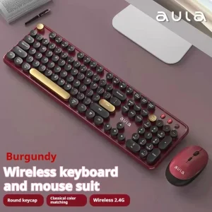 Aula Ac306 Mechanical Keyboard Mouse Set Wireless Keyboard Retro Round Key Cap Full Size 104 Keys Set Laptop Office Recreation