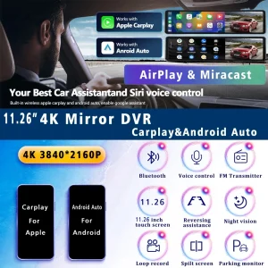 11.26 Inch 4K Dash Cam Rear View Mirror Carplay Android Auto GPS 5G WIFI Car Dvr Vehicle Dashcam Black Box Camera Drive Recorder