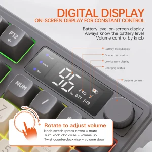 Multimedia Knob Bluetooth Keyboard,2.4G Dual Mode Connection,Battery Digital Display,Colourful Light,PC Notebook