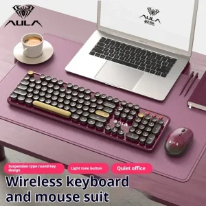 Aula Ac306 Mechanical Keyboard Mouse Set Wireless Keyboard Retro Round Key Cap Full Size 104 Keys Set Laptop Office Recreation