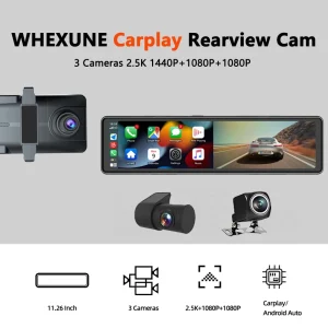 3 Cameras Dash Cam Carplay & Android Auto 2.5K 2560*1440P Rearview Mirror Video Recorder WIFI Loop Recording Phone APP Car DVR