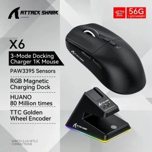 Attack Shark X6 PAW3395 Bluetooth Mouse,Tri-Mode Connection,RGB Touch Magnetic Charging Base,Macro Gaming Mouse