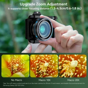 APEXEL 10X-20X Zoom Mobile Phone Macro Lens 37MM Thread Phone Lens Support Eye Macro Photography with Universal Stretching Clip