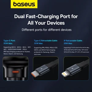 Baseus Car Charger PD QC Fast charging Quick Charging With Cable for iPhone USB Type C Cable For Samsung Xiaomi Car Charger