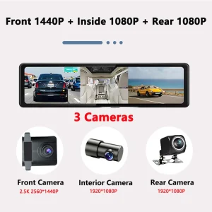 3 Cameras Dash Cam Carplay & Android Auto 2.5K 2560*1440P Rearview Mirror Video Recorder WIFI Loop Recording Phone APP Car DVR