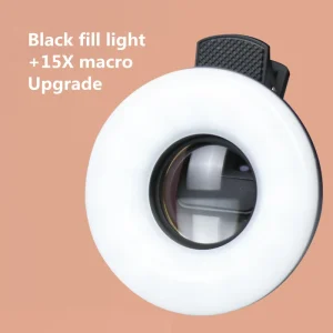 Macro Lens for Mobile 15X Fill Ring Light Selfie Live Lamp Camera Lens with LED Universal Flash Smartphone Portable Light Clip