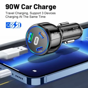 Car 90W 3-in-1 Charger QC3.0 PD Type C USB Moblie Phone Fast Charging for IPhone Xiaomi Samsung Auto Quick Charger Adapter