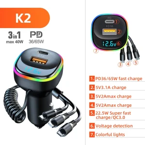 65W USB Car Charger Quick Charge QC4.0 QC3.0 FCP AFC Type C Car USB Fast Charging 3 in 1 Fast Charging Cable For iPhone Huawei