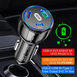 Car 90W 3-in-1 Charger QC3.0 PD Type C USB Moblie Phone Fast Charging for IPhone Xiaomi Samsung Auto Quick Charger Adapter