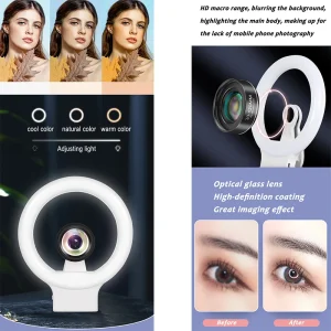 Mobile Phone Fill Light 10X Macro Lens Portable Phone Selfie Lamp LED Ring Flash Tri-color Light for Smartphone Fine Shooting