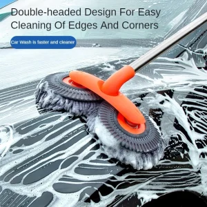 Rotating Double Brush Head Car Wash Mop Auto Supplies Three-Section Telescopic Mop Roof Window Cleaning Maintenance Accessories