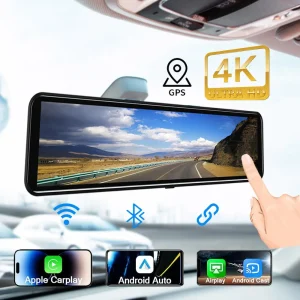 HGDO T166 Apple Carplay Android Auto 4K Dash Cam Rear View Mirror 1080P SONY Backup Cam DVR Car Audio Receivers GPS Bluetooth FM