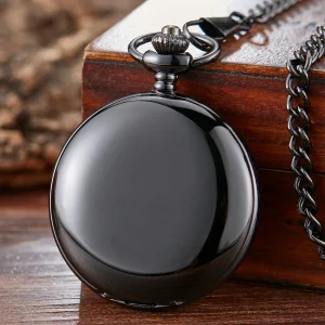 Unique Black Silver Pocket Watch Mechanical Hand-winding Fob Watch Smooth Case Roman Numerals Dial Retro Clock Chain Pendants