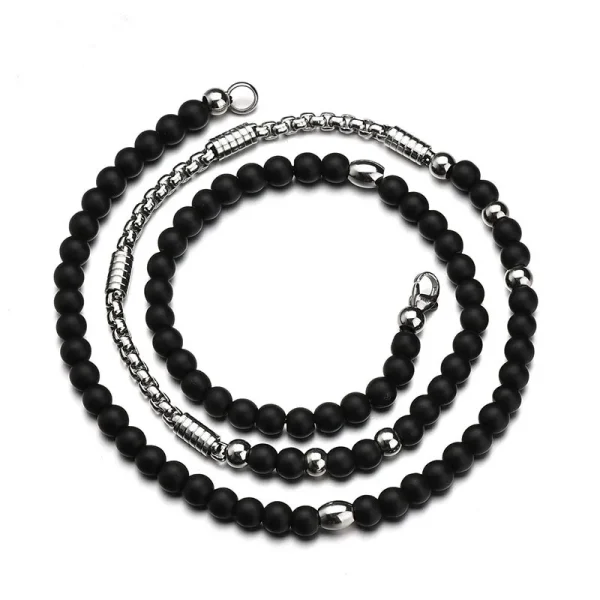 Punk Stainless Steel Compass Adventure Survival Tool Pendants Necklaces Black Stone Strand Beads Necklaces