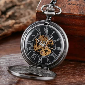 Unique Black Silver Pocket Watch Mechanical Hand-winding Fob Watch Smooth Case Roman Numerals Dial Retro Clock Chain Pendants