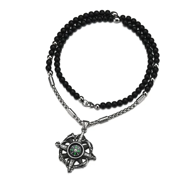 Punk Stainless Steel Compass Adventure Survival Tool Pendants Necklaces Black Stone Strand Beads Necklaces