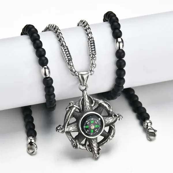 Punk Stainless Steel Compass Adventure Survival Tool Pendants Necklaces Black Stone Strand Beads Necklaces