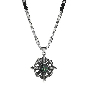 Punk Stainless Steel Compass Adventure Survival Tool Pendants Necklaces Black Stone Strand Beads Necklaces