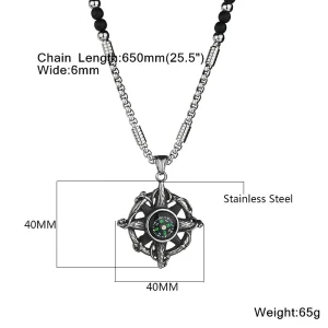 Punk Stainless Steel Compass Adventure Survival Tool Pendants Necklaces Black Stone Strand Beads Necklaces