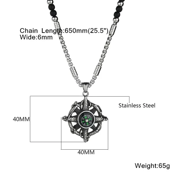 Punk Stainless Steel Compass Adventure Survival Tool Pendants Necklaces Black Stone Strand Beads Necklaces