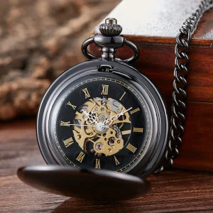 Unique Black Silver Pocket Watch Mechanical Hand-winding Fob Watch Smooth Case Roman Numerals Dial Retro Clock Chain Pendants