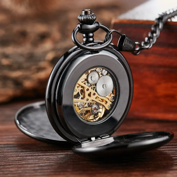 Unique Black Silver Pocket Watch Mechanical Hand-winding Fob Watch Smooth Case Roman Numerals Dial Retro Clock Chain Pendants