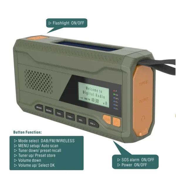 DAB/FM Bluetooth Emergency Radio Portable Solar Radio Receiver Hand Crank Dynamo Outdoor Radio Camping Speaker with Flashlight