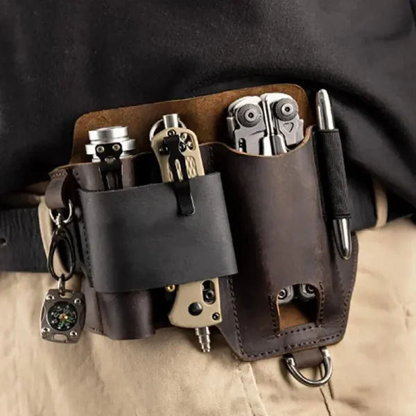 Leather EDCs Organizer Sheath EDCs Belt Sheath Pocket Organizer Multitool Pouch with Pen Holder for Flashlight Knives Car Key