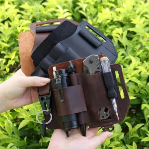 Leather EDCs Organizer Sheath EDCs Belt Sheath Pocket Organizer Multitool Pouch with Pen Holder for Flashlight Knives Car Key