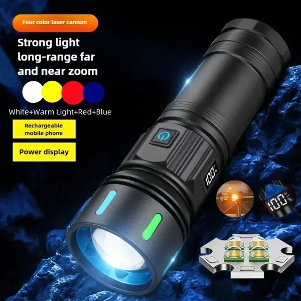 XC-902 4 Light Sources Flashlight Powerful LED 2200LM Flashlights Rechargeable Zoom Fishing Light with Camping Side Light