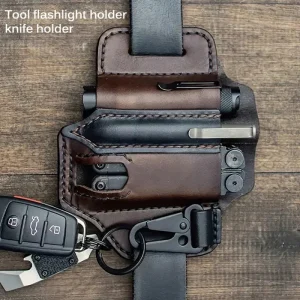 Multitool Sheath for Belt Leather EDC Pocket Organizer with 3 Hooks Flashlight Holster Pen Keys Holder Knife Sheath Outdoor Use