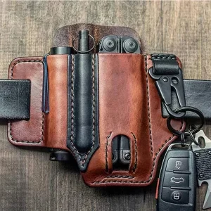 Multitool Sheath for Belt Leather EDC Pocket Organizer with 3 Hooks Flashlight Holster Pen Keys Holder Knife Sheath Outdoor Use