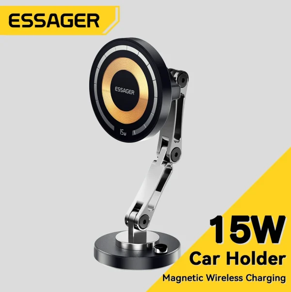 Essager 15W Magnetic Wireless Car Phone Holder Telescoping 360 Degree Car Mount For iphone 15 14 Samsung Universal Holder Stand