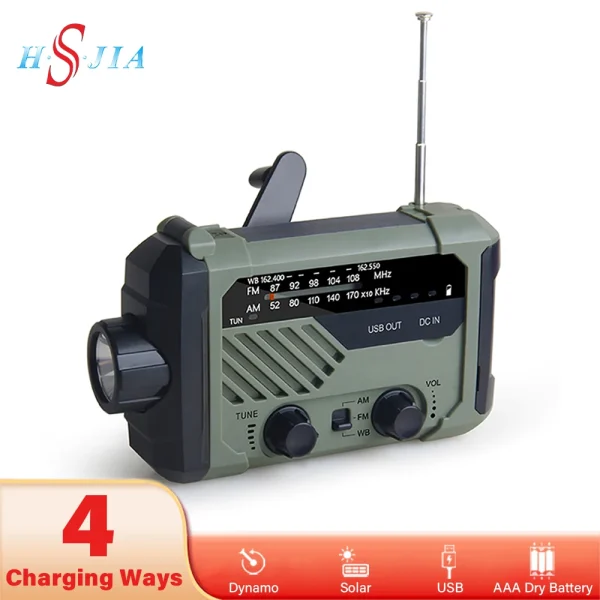 HSJIA Outdoor Emergency Hand Crank Multifunctional FM Radio Solar Cell Phone Charging Lighting Table Lamp