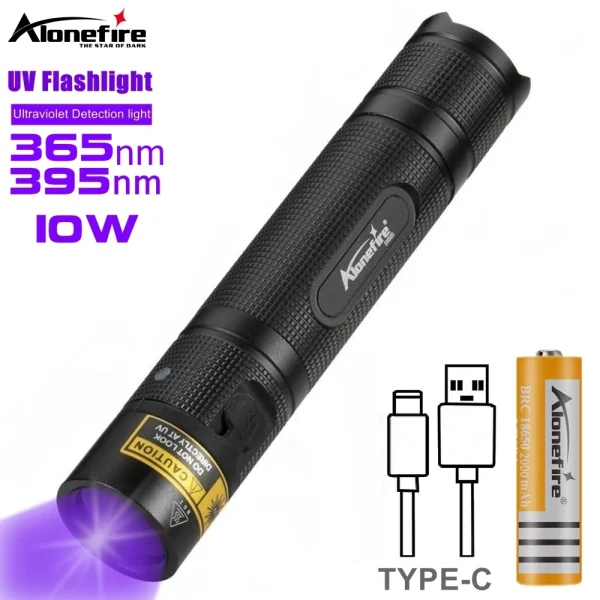 10W 365/405nm UV Flashlight USB Rechargeable Ultraviolet Blacklight Torch Pet Urine Cat tinea Money Ore Scorpion Detection Lamp