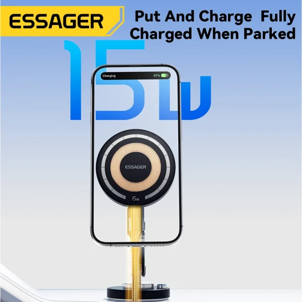 Essager 15W Magnetic Wireless Car Phone Holder Telescoping 360 Degree Car Mount For iphone 15 14 Samsung Universal Holder Stand